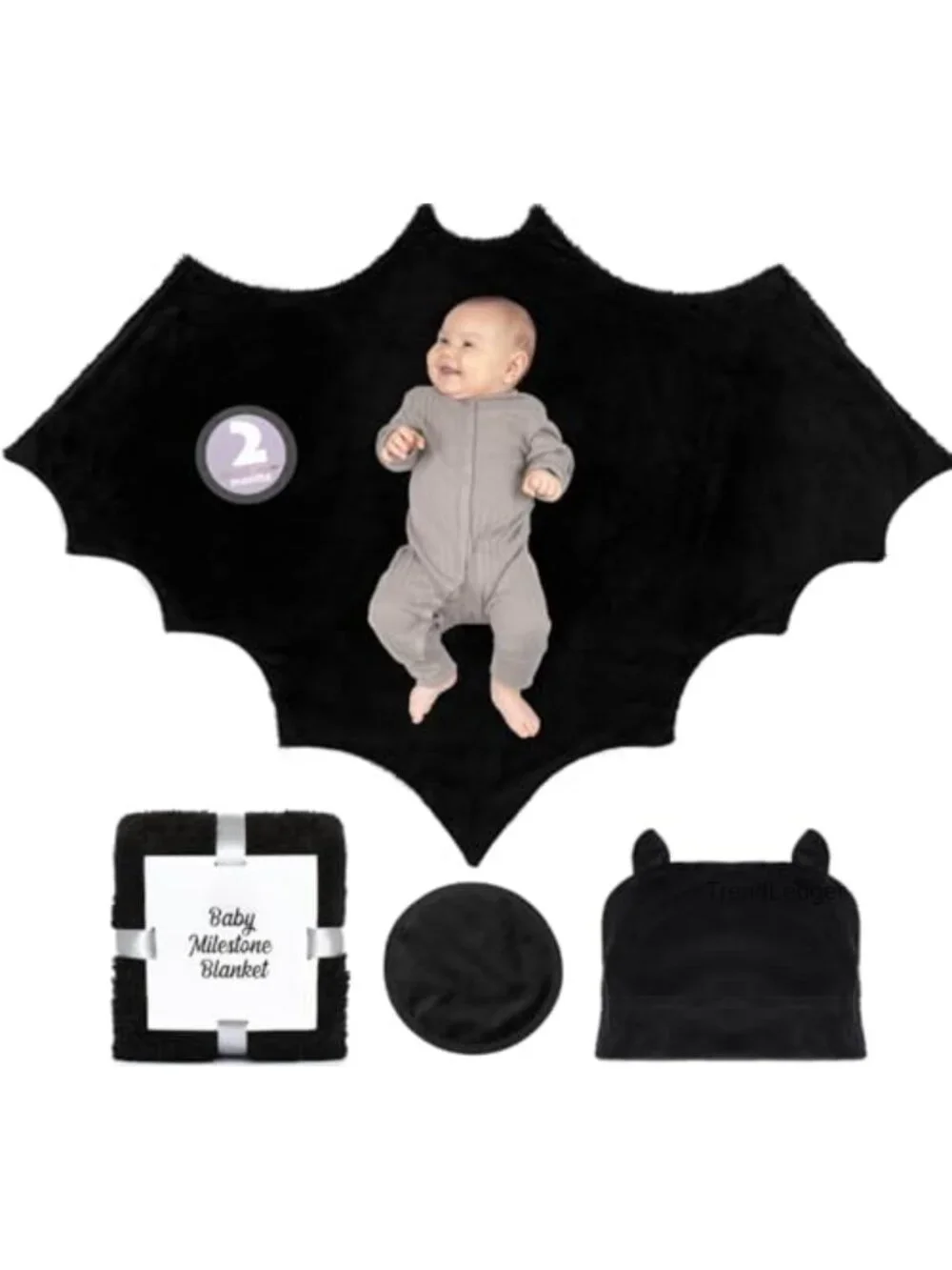 Sherpa Fleece Bat Baby Swaddle Blanket Gift Set with Milestone Stickers, Hat &